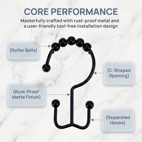 Shower Curtain Hooks Rings, Rust Resistant Metal Hangers Double Glide Shower Hooks Rings for Bathroom Shower Rods Curtains, 12 PCS, Black - color: Black, size: 12 PCS