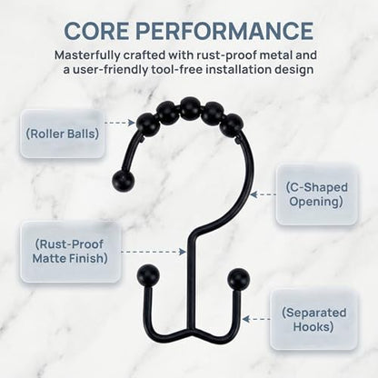 Shower Curtain Hooks Rings, Rust Resistant Metal Hangers Double Glide Shower Hooks Rings for Bathroom Shower Rods Curtains, 12 PCS, Black - color: Black, size: 12 PCS
