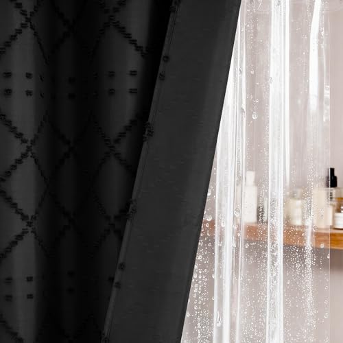 Long Shower Curtain and Liner Set - 78 inch Tall Boho Shower Curtain and Waterproof Clear Liner, Tufted Geometric Striped Textured Tassel Shower Curtains for Bathroom, 12 Hooks, 72x78, Black - color: Black, size: 72"W x 78"L (Pack of 1)