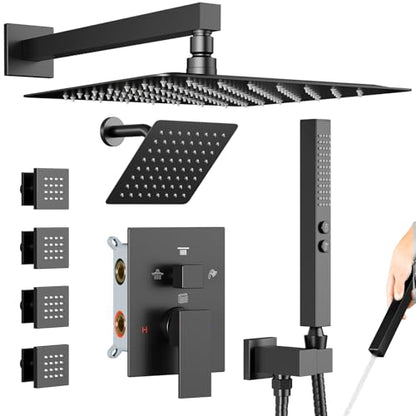 Shower System with Body Jets, Bostingner Four Modes Shower Faucet 12+6" Rain Shower Head with Handheld Spray 2 Ways, 4Pcs Shower Jets System in Wall Shower Faucet Sets Complete, Matte Black - color: Matte Black, size: 6+12 inch-02