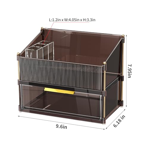 INVSSENE Stackable Makeup Organizer Countertop, Storage Perfume Skincare Cosmetic Lipstick Face Mask Makeup Brush Holder Palettes, Ideal for Vanity Bathroom Counter - color: 3514 Coffee+Clear