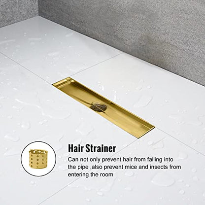 12" Linear Shower Drain Brushed Gold Drain with Tile Insert Grate | AISI 304 Stainless Steel Fast Drainage Rectangle Hidden Shower Trench,Detachable Hair Catcher Easy to install,Leveling Feet - color: Gold, size: 12 Inch (No Base)