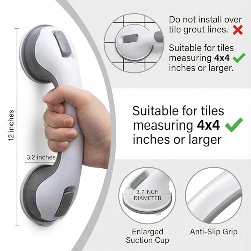 2 Pack Grab Bars for Shower - 12 Inch Suction Cup Shower Handle for Bathtubs, Strong Hold Bath Handles for Seniors, Handicap Safety Grip & Balance Assist, Tool-Free Installation