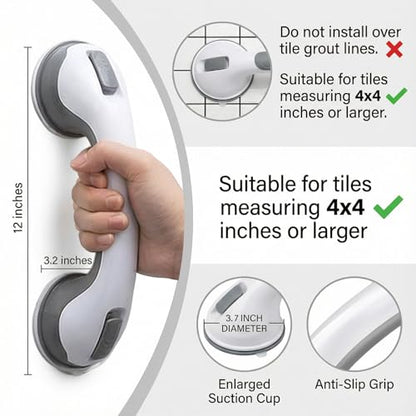 2 Pack Grab Bars for Shower - 12 Inch Suction Cup Shower Handle for Bathtubs, Strong Hold Bath Handles for Seniors, Handicap Safety Grip & Balance Assist, Tool-Free Installation