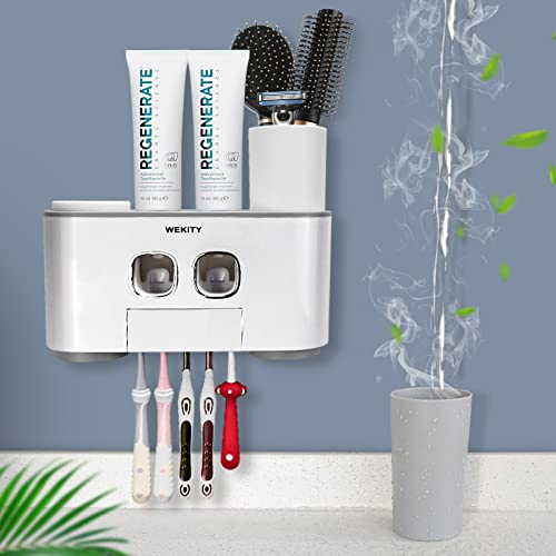 Toothbrush Holder Wall Mounted, WEKITY Multi-Functional Toothbrush and Toothpaste Dispenser for Bathroom, with 5 Toothbrush Slots, 2 Toothpaste Squeezers and 4 Cups(Grey) - color: Grey