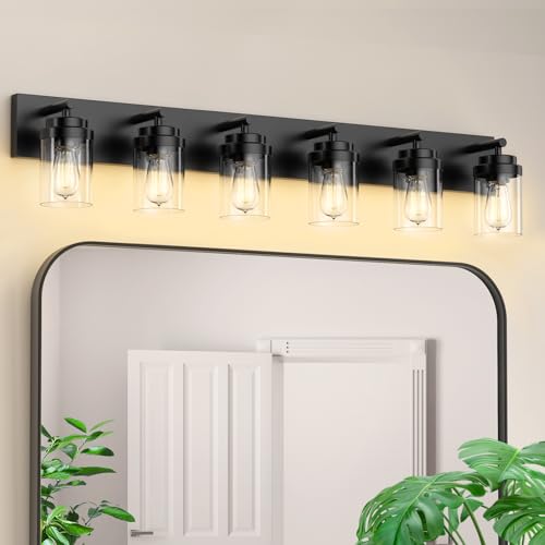 IZORRO Bathroom Vanity Light Fixture, 6-Light 46 Inch Matte Black Bathroom Light Fixtures Over Mirror, with Clear Glass Shade, Modern Farmhouse Vanity Lights, Rustic Restroom Lighting Fixtures - color: Black-Clear Glass Shade, size: 46 inch-6-Light