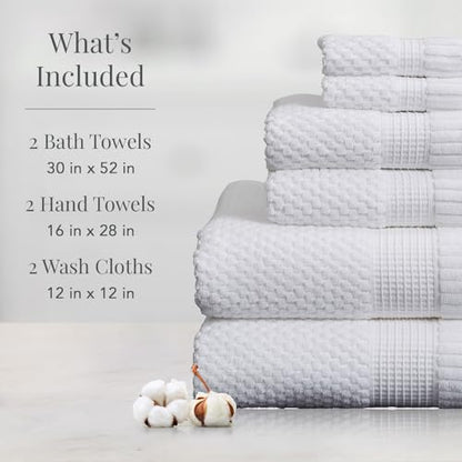 NY Loft 100% Cotton 6-Piece Bath Towel Set | White | Oeko-TEX | Quick-Dry | 30" x 52" Bath Towels | 16" x 28" Hand Towels | 12" x 12" Washcloths | Super Absorbent | Designer-Styled Texture - color: Bright White, size: 6 Piece Set