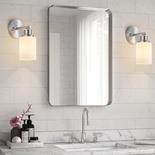2-Pack 1-Light Vanity Lights, Brushed Nickel Bathroom Light Fixture with Textured Milky White Glass Shade, E26 Modern Vanity Lighting Fixture for Bathroom Wall Sconce - color: Nickel, size: 4.7 Inch : 1-Light