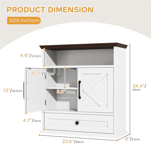 Bathroom Wall Cabinet, Wall Mounted Medicine Cabinet 24.4"H x 23.6"W x 9"D | With Drawer, Barn Doors & Adjustable Shelf, White Over Toilet Farmhouse Storage Cabinet for Kitchen, Laundry Room, Entryway - color: White