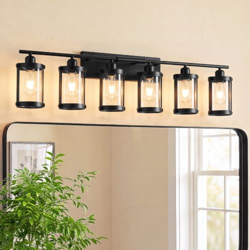 6-Light Matte Black Bathroom Light Fixtures Over Mirror with Clear Glass and Metal Cage Shade, 42" UL-Listed Modern Farmhouse Wall Sconce for Bath, Hardwire E26, OS-3014BK-6W - color: Black + Clear Glass, size: 6-Light, 42" L