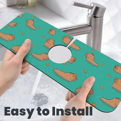 Cute Capybara Play Eat Food Kitchen Sink Splash Guard Faucet Mat Super Absorbent Fast Drying Mat Sink Gadgets-Fast Drying Pad Sink Mat For Kitchen Bathroom (15" X 5.5" ) - color: Cute Capybara