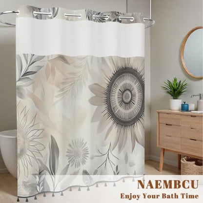 Boho Floral Shower Curtain with Snap in Liner & Tassels, 71x77 Inch | No Hook Needed, Double Layer Waterproof Bath Tub Curtain with Mesh Top, Abstract Botanical Design for Modern Neutral Bathroom - color: Boho Flower