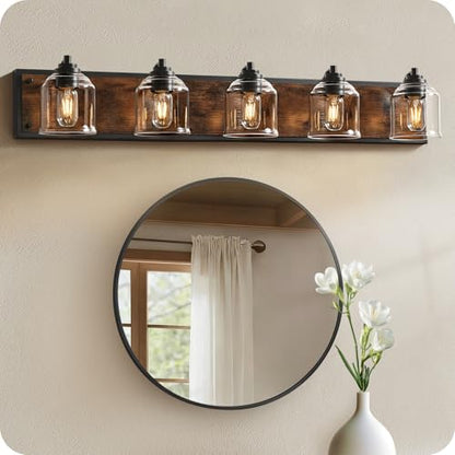 5-Light Bathroom Fixture, 39.8" Large Farmhouse Vanity Light, E26 Base (Bulbs Not Included), Thickened Glass Shade, for Bathroom, Bedroom, Vanity, Hallway, Rustic Brown and Black F21BD05 - size: 5-Light