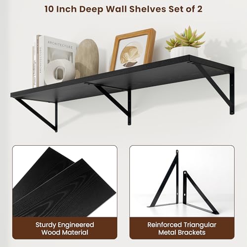 Deep Floating Shelves, 40'' x 10'' Black Wall Shelves Set of 2 | 10 Inch Deep Shelves with Heavy Duty Brackets, Rustic Wood Shelves for Bathroom Living Room, Engineered Wood, 40LBS - color: Black, size: 40W x 10D