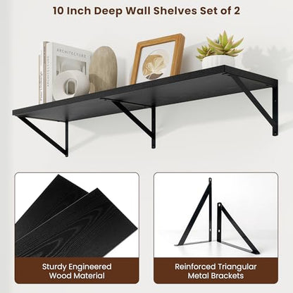Deep Floating Shelves, 40'' x 10'' Black Wall Shelves Set of 2 | 10 Inch Deep Shelves with Heavy Duty Brackets, Rustic Wood Shelves for Bathroom Living Room, Engineered Wood, 40LBS - color: Black, size: 40W x 10D