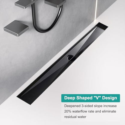 BARONAGE 28 Inch Linear Shower Drain, Capsule Grate, Matte Black | V-shaped Rapid Linear Drains, Rustproof, Hair Catcher, 304 Stainless Steel Rectangle Shower Floor Drain For Bathroom - size: 28 Inch
