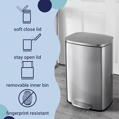 happimess Connor 2-Piece Stainless Steel Trash Can, Platinum Silver | 13.2 and 1.3 Gallons, Rectangular, Soft-Close Lid, Fingerprint Resistant, Step Pedal, 20 Liners, 26" and 12" Height - color: Stainless Steel