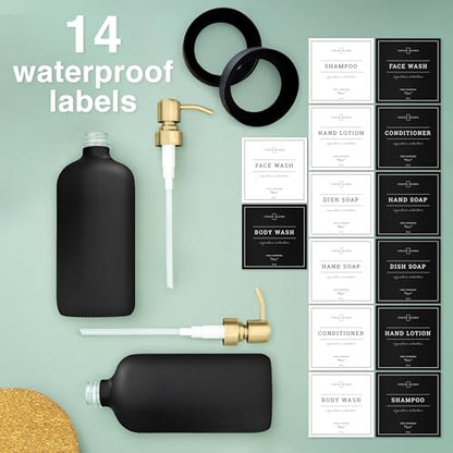 Vine Creations Black Glass Soap Dispenser, 2 Pack Kitchen Soap Dispenser Set with Stainless Steel Pump, 16 oz Dish Soap and Hand Soap Dispensers for Bathroom with Waterproof Labels - color: Matte Black Bottle / Brushed Gold Pump