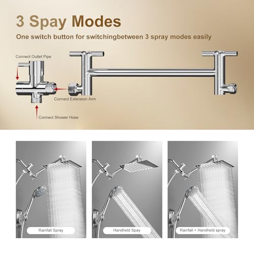 Shower Head with Handheld Spray, 8" High Pressure Rain Shower Head Combo with Adjustable Extension Arm, 5 Spray Modes Dual Showerhead Set, Detachable Handheld Shower, 304 Stainless Steel, Chrome