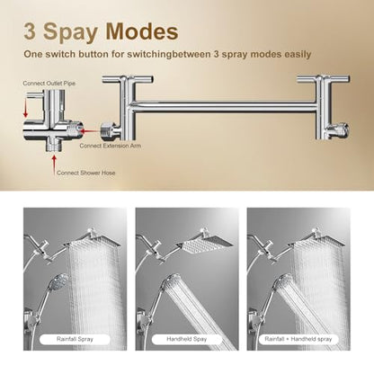 Shower Head with Handheld Spray, 8" High Pressure Rain Shower Head Combo with Adjustable Extension Arm, 5 Spray Modes Dual Showerhead Set, Detachable Handheld Shower, 304 Stainless Steel, Chrome