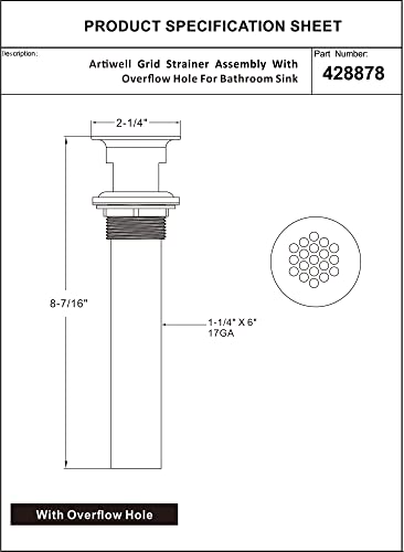 Grid Drain Strainer Assembly With Overflow for Bathroom Sink, P.O. Plug Grid Lavatory Drain, Bathroom Sink Grid Strainer by Artiwell, Matte Black - color: Matte Black, style: With Overflow