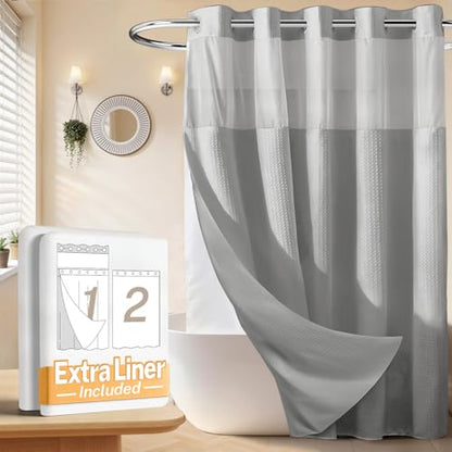 River Dream No Hooks Shower Curtain with 2 Snap in Liner, Light Grey, 71x74 | Waffle Weave, 1 Attached Snap in Liner and 1 Extra Replacement Liner, Bathroom Curtains Shower Set, Hotel Grade, Spa Like - color: Light Grey