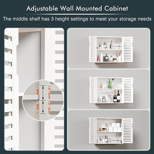 HITNET White Bathroom Cabinet Over Toilet, Bamboo Hanging Medicine Cabinet, Wall-Mounted Storage Organizer, Kitchen Cupboard with Double Doors and Adjustable Shelf - color: White