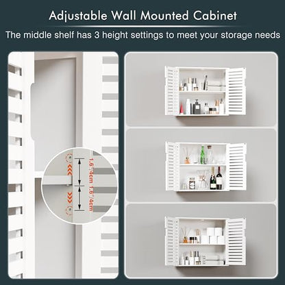 HITNET White Bathroom Cabinet Over Toilet, Bamboo Hanging Medicine Cabinet, Wall-Mounted Storage Organizer, Kitchen Cupboard with Double Doors and Adjustable Shelf - color: White