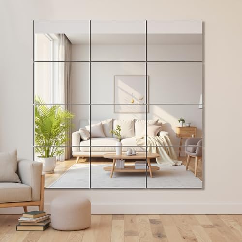 Frameless Mirror Tiles 16"x12"x12 Pcs Wall Mounted | Shatter Resistant, Full Length, Tempered Glass Panels, For Home Gym Bathroom Bedroom & Living Room Decor - size: 16''x12''-12PCS
