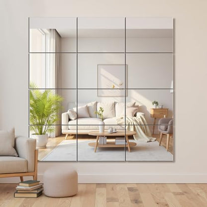 Frameless Mirror Tiles 16"x12"x12 Pcs Wall Mounted | Shatter Resistant, Full Length, Tempered Glass Panels, For Home Gym Bathroom Bedroom & Living Room Decor - size: 16''x12''-12PCS