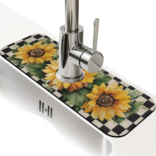 Kitchen Sink Splash Guard，Checkerboard Sunflower-1 Faucet Mat Sink Gadgets-Super Absorbent Fast Drying Mat Drip Catcher for Kitchen, Bathroom,Sink Mat, Dish Drying Mat, Bathroom(15" X 5.5" ) - color: Checkerboard Sunflower-1