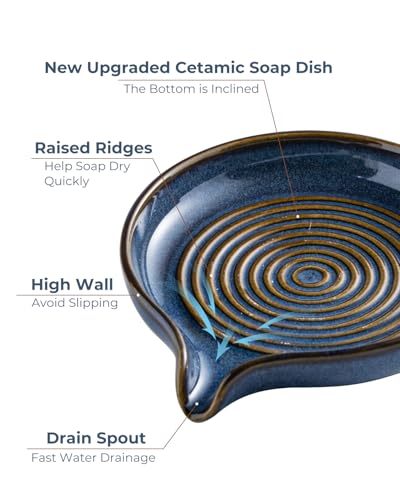 Zoeeker Self Draining Soap Dish, Ceramic Soap Holder with Waterfall Design | Shower Soap Dish with Drainage Round Soap Saver for Shower, Bathroom, Sink, Kitchen and Countertop, Brush Holder, Blue - color: Blue, size: Round