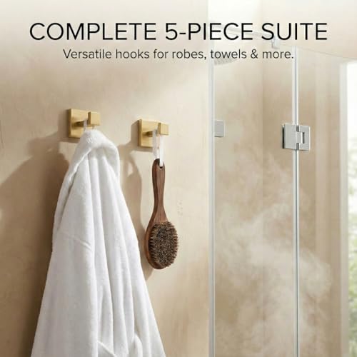 5-Piece Bathroom Hardware Set, 23.6 in Towel Bar, Brushed Gold | 304 stainless steel, towel ring, toilet paper holder, 2 robe hooks, wall-mounted, installation hardware included - color: Brushed Gold