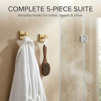 5-Piece Bathroom Hardware Set, 23.6 in Towel Bar, Brushed Gold | 304 stainless steel, towel ring, toilet paper holder, 2 robe hooks, wall-mounted, installation hardware included - color: Brushed Gold