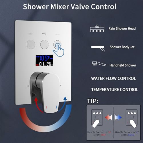 Temperature Display Rain Mixer Shower Faucet Set with 6 pcs Body Jets 12 inch Square Rainfall Shower Head with Handheld Spray Wall Mounted Rough-in Valve and Trim Included,Chrome - color: Chrome