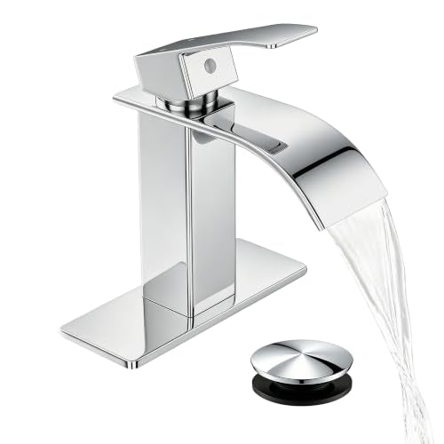 Waterfall Single Handle Bathroom Sink Faucet with Drain Chrome | Chrome Vanity Faucet with Pop-up Drain, Ceramic Valve, for 1 or 3 Hole Modern Bathrooms. - color: Chrome