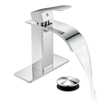 Waterfall Single Handle Bathroom Sink Faucet Chrome | Vanity Faucet with Pop-up Drain, llaves para lavamanos de baño, Ceramic Valve, for 1 or 3 Hole Modern Bathrooms. - color: Chrome
