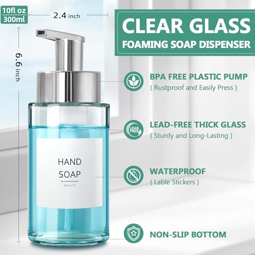 RYTOXILO Glass Soap Dispenser, 10 oz/300ml Foaming Soap Dispenser, 2 Pack Foaming Hand Dispenser for Bathroom & Kitchen, Clear Refillable Foam Soap Bottle with Silver Pump - color: Clear Bottle, size: 10 Fl oz with Silver Pump
