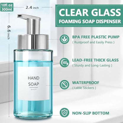RYTOXILO Glass Soap Dispenser, 10 oz/300ml Foaming Soap Dispenser, 2 Pack Foaming Hand Dispenser for Bathroom & Kitchen, Clear Refillable Foam Soap Bottle with Silver Pump - color: Clear Bottle, size: 10 Fl oz with Silver Pump
