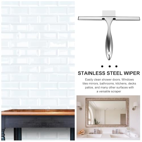 Stainless Steel Window Cleaning Squeegee with 10-inch Blade and Nail-Free Adhesive Hook, Shower Screen Scraper for Bathroom Glass Doors and Car Windows, Multi-Purpose Shower
