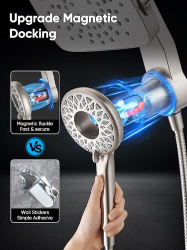 Cobbe® Dual Shower Head with Magnetic Handheld, Brushed Nickel | Rain Shower Combo, 2-in-1 Fixed & Detachable, Multiple Spray Modes, Built-in Magnet Dock, 6ft Hose - color: Brushed Nickel
