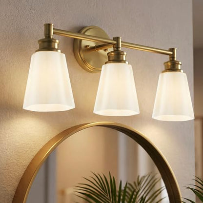 kudos 3-Light Brushed Gold Vanity Light, Milk White Glass Shade | 19" bathroom light fixtures over mirror, upward or downward, E26 base, bulbs not included, Hardwired, KDVL17-GD-ML-3 - size: 3-Light