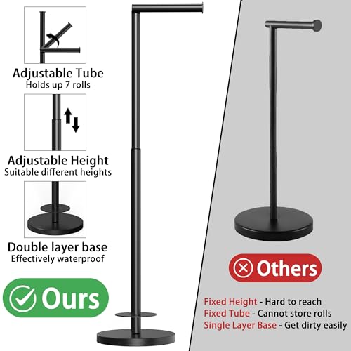 RUACQ Bathroom Toilet Paper Holder Stand with Storage, Matte Black | Free Standing Toilet Roll Holder, Height Adjustable, Holds 6 Reserve Rolls, Weighted Base, 304 Stainless Steel Rustproof - color: Matte Black