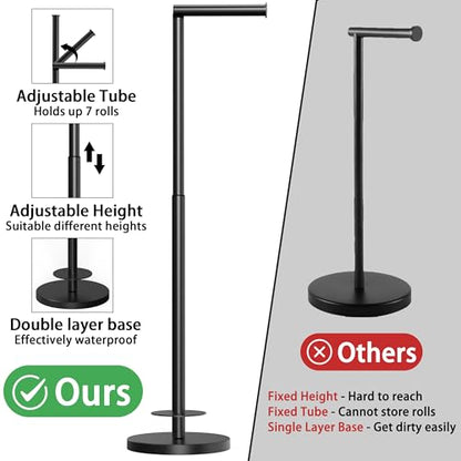 RUACQ Bathroom Toilet Paper Holder Stand with Storage, Matte Black | Free Standing Toilet Roll Holder, Height Adjustable, Holds 6 Reserve Rolls, Weighted Base, 304 Stainless Steel Rustproof - color: Matte Black