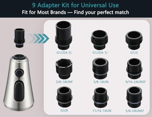 Brushed Nickel Pull Down Kitchen Faucet Head Replacement with 9 Adapters | 3-function spray, stream, spray & high-pressure rinse, 9 adapters, fits most faucets, removable aerator, no tools needed - color: Brushed Nickel