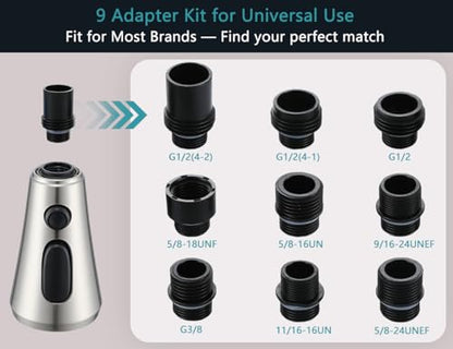 Brushed Nickel Pull Down Kitchen Faucet Head Replacement with 9 Adapters | 3-function spray, stream, spray & high-pressure rinse, 9 adapters, fits most faucets, removable aerator, no tools needed - color: Brushed Nickel