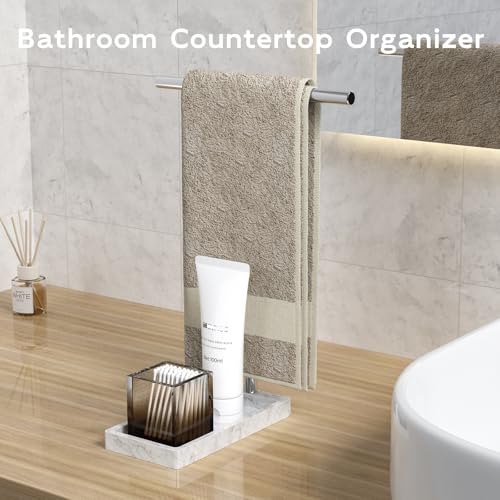 Volnamal 2-in-1 T-Shape Hand Towel Holder for Bathroom Countertop, Silver | Heavy Non-Tipping Towel Holder with Countertop Tray, Extended-Heigher Towel Stand for Standard, Rust-resistance & Durability