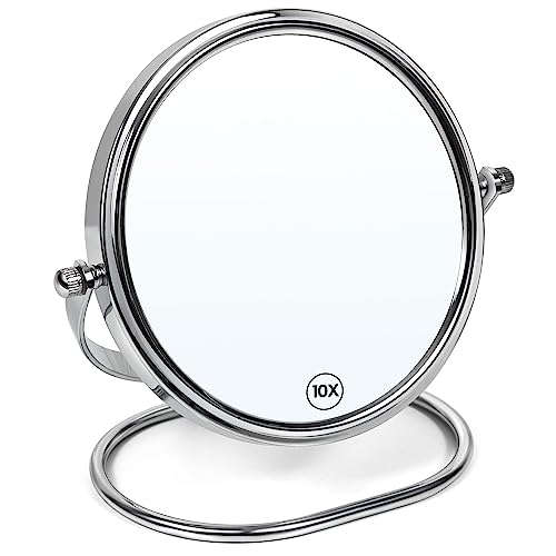Portable Folding Travel Makeup Mirror,1X/10X Magnifying Vanity Mirror,6” Double-Sided 360° Swivel,Handheld & Wall Hanging Metal Mirror for Home and On-the-Go Use,Travel Storage Bag Included,No Light - color: Silver-6in-10x