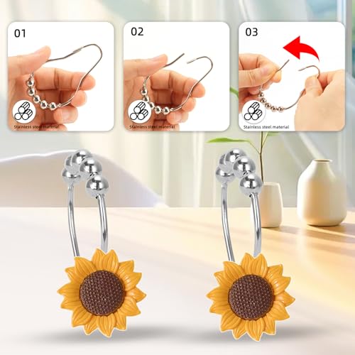 Sunflower Decorative Shower Curtain Hooks, Set of 12,Roller Ball, Stainless Steel, Flower Decor,Rustproof,Easy Install,Home Living & Bathroom Decor,Yellow and Brown Shower Rings