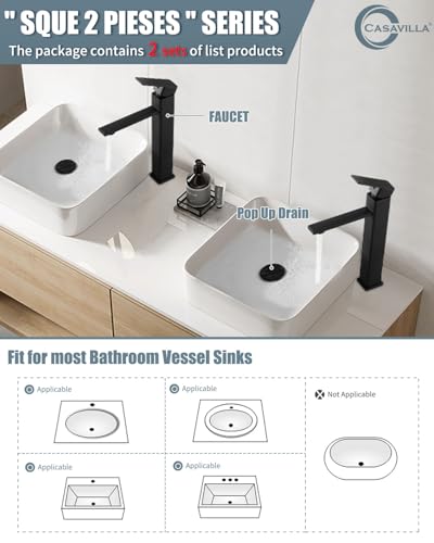 Bathroom Faucets(2 Sets),Matte Black Bathroom Faucet with Pop-up Drain and Supply Hoses,Single Hole High Barrel Vanity Faucet for Vessel Sink,Single Handle Stainless Steel RV Faucet - color: 1.Matte Black, style: Tall*2